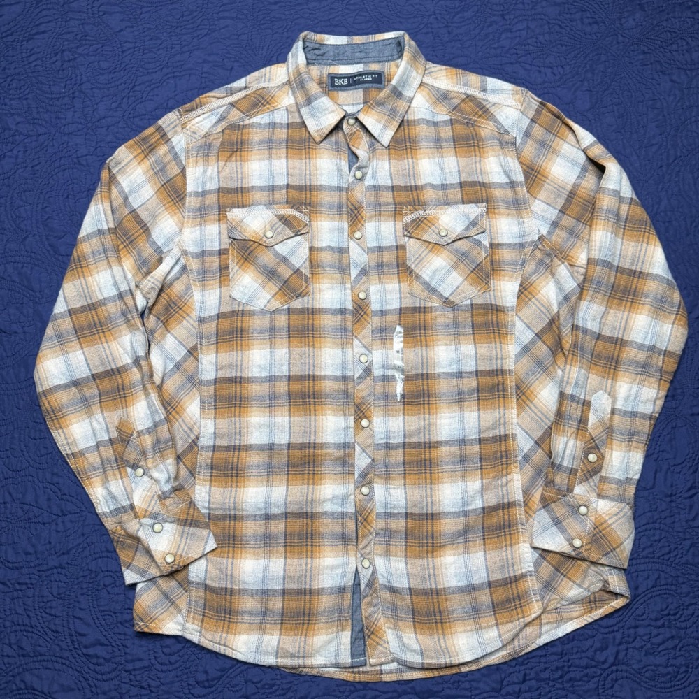 BKE Mens Athletic Fit Plaid Pearl Snap Long Sleeve Western Flannel Shirt XL